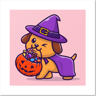 Cute Wizard Dog Bring Pumpkin Halloween Cartoon Posters and Art